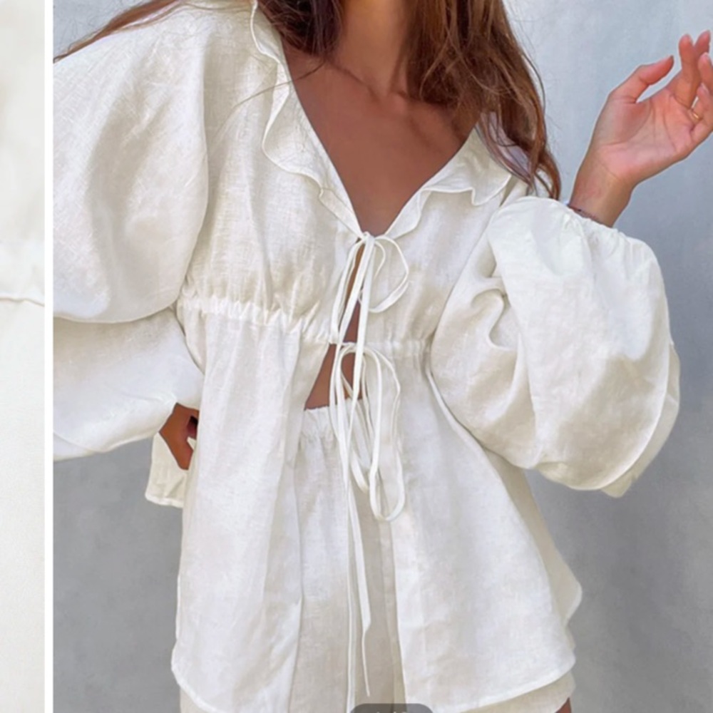 Commense White Linen Peasant Tie-Front Blouse